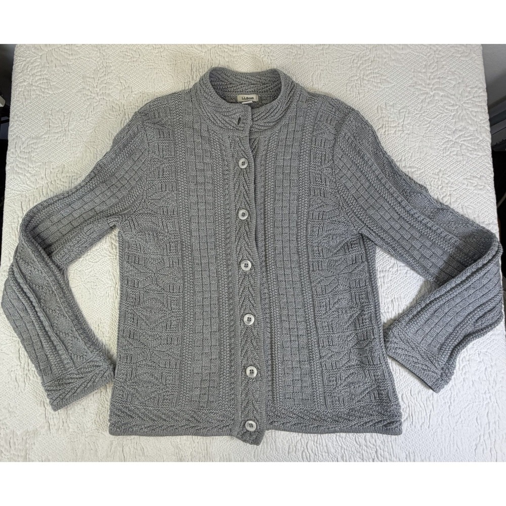 LL Bean  Sweater Women Small Chunky‎ Shaker Knit Cardigan Fisherman Gray